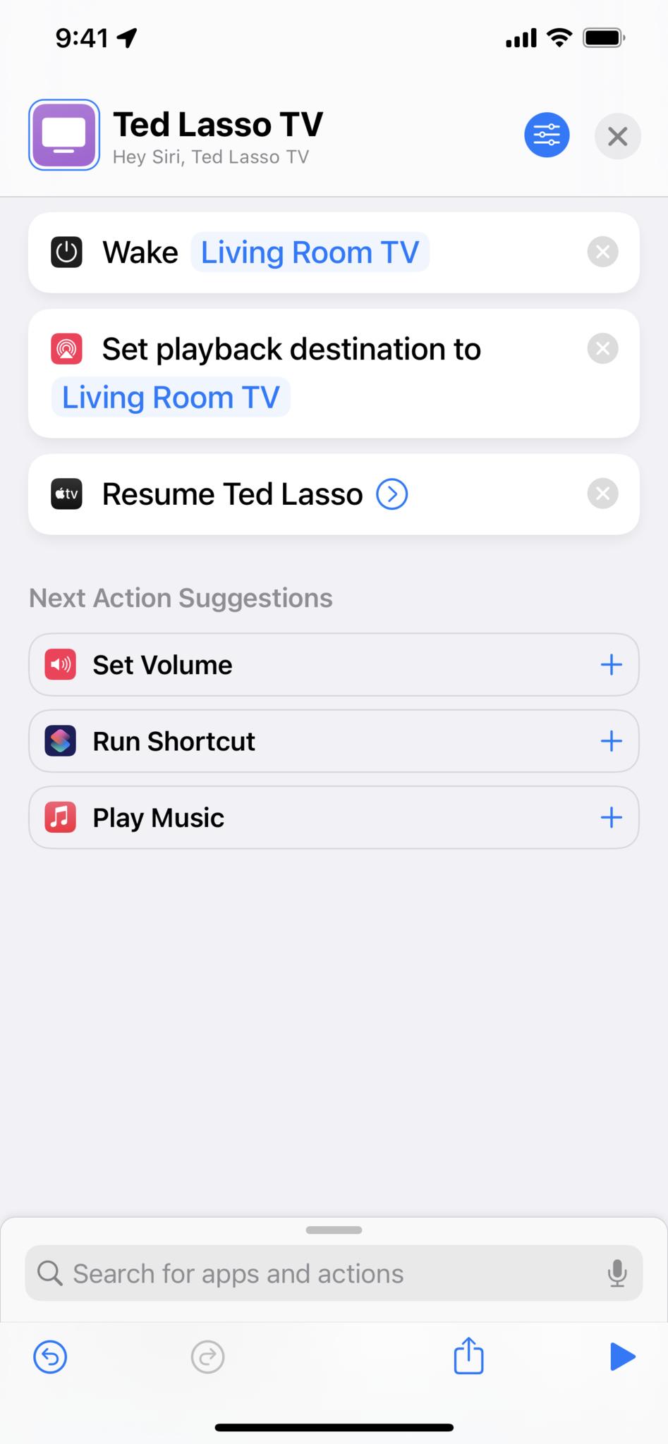Screenshot of a "Ted Lasso TV" shortcut that wakes an Apple TV, uses Set Playback Destination to send to the same TV, and resumes Ted Lasso.