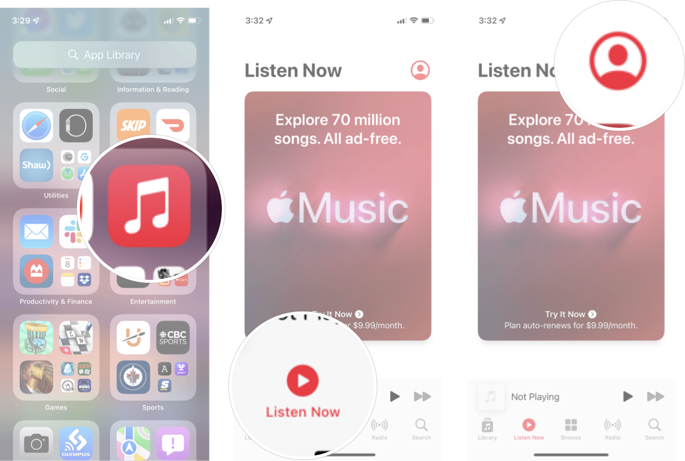 Sign Up For Apple Music Family Plan iOS 15: Launch the Music app, tap Listen Now tab, and then tap the account button. 