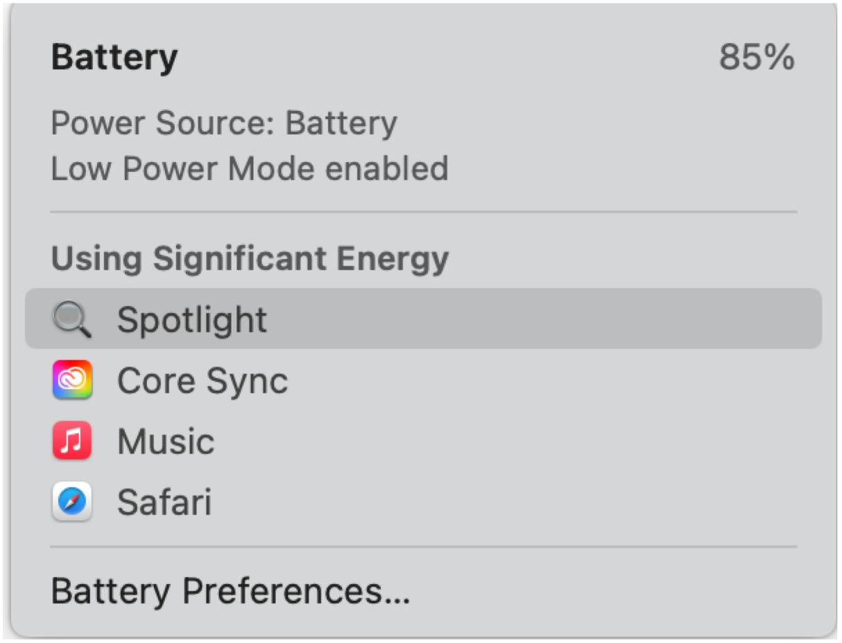 Check those apps and processes on your Mac by clicking on the battery icon at the top right on the menu bar. 