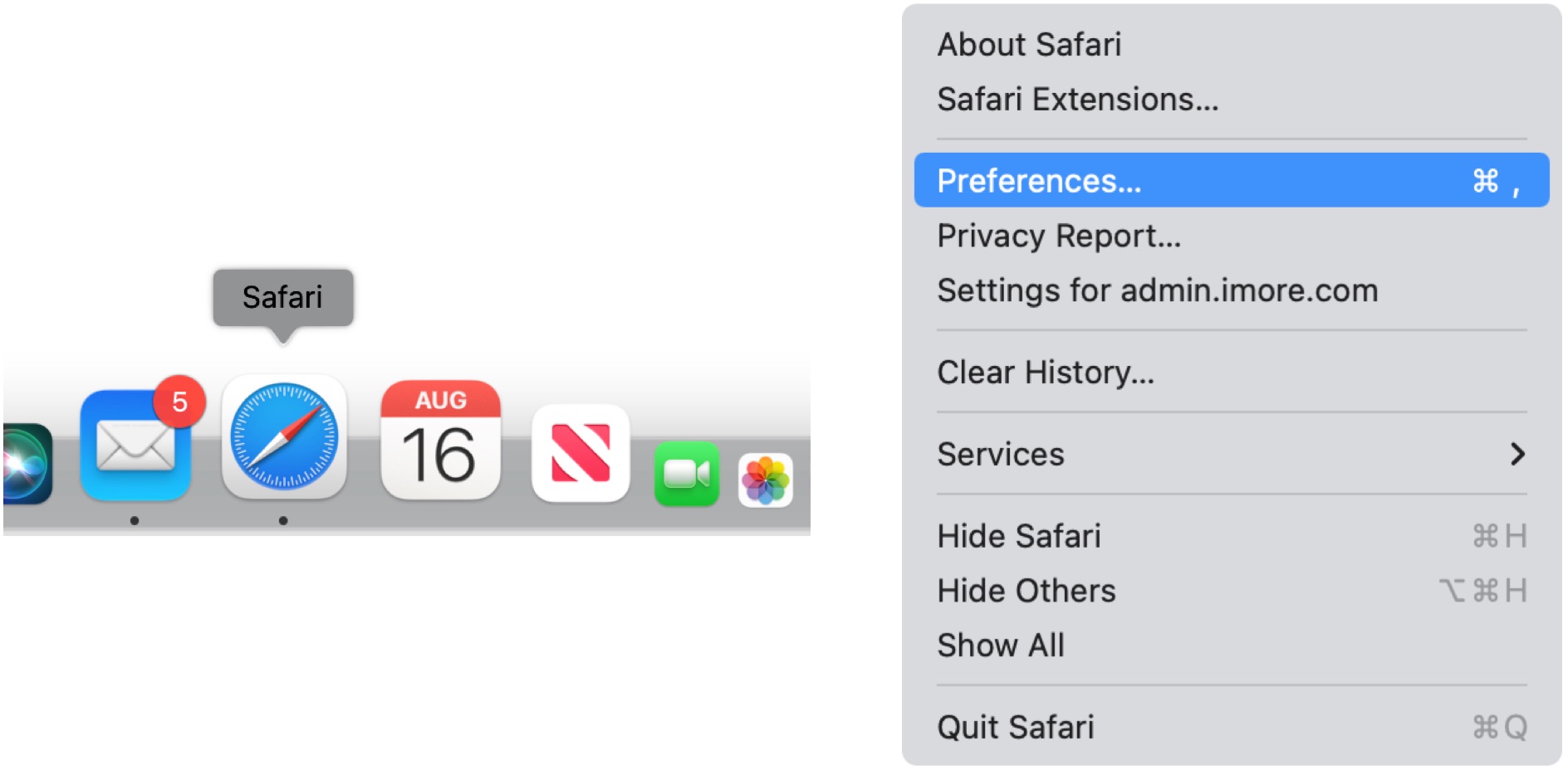 Pour rechercher et supprimer les extensions Safari suspectes, accédez à l'application Safari, puis choisissez Safari dans la barre de menus.  Choisissez Préférences.