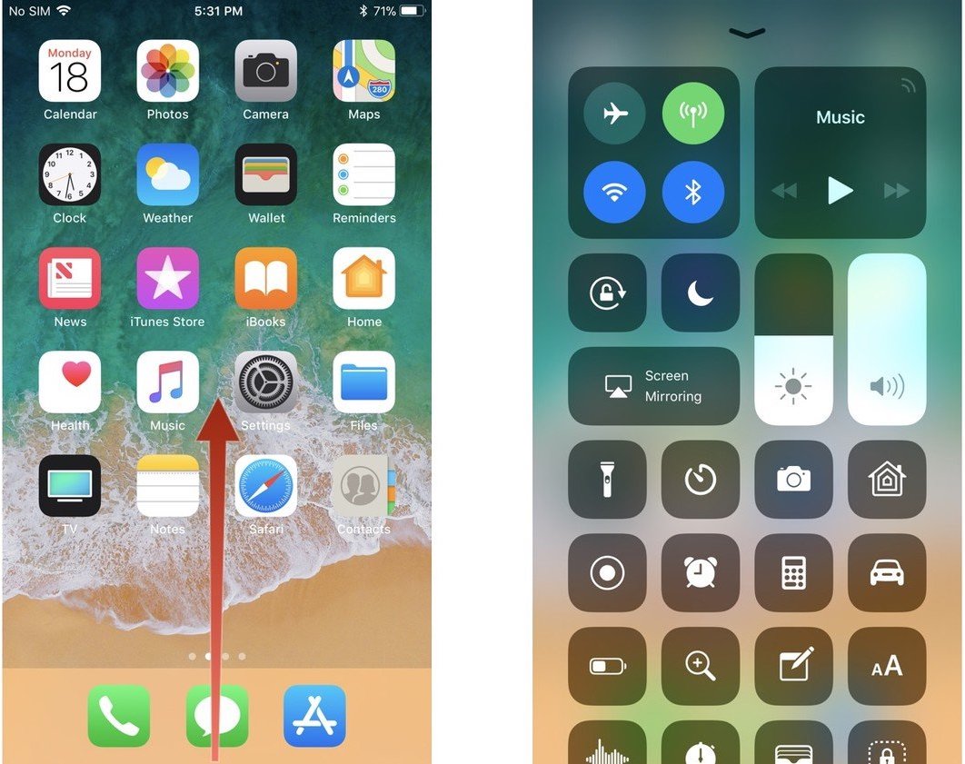 How to access Control Center on iPhone devices with Touch ID: Swipe up from the bottom of the screen