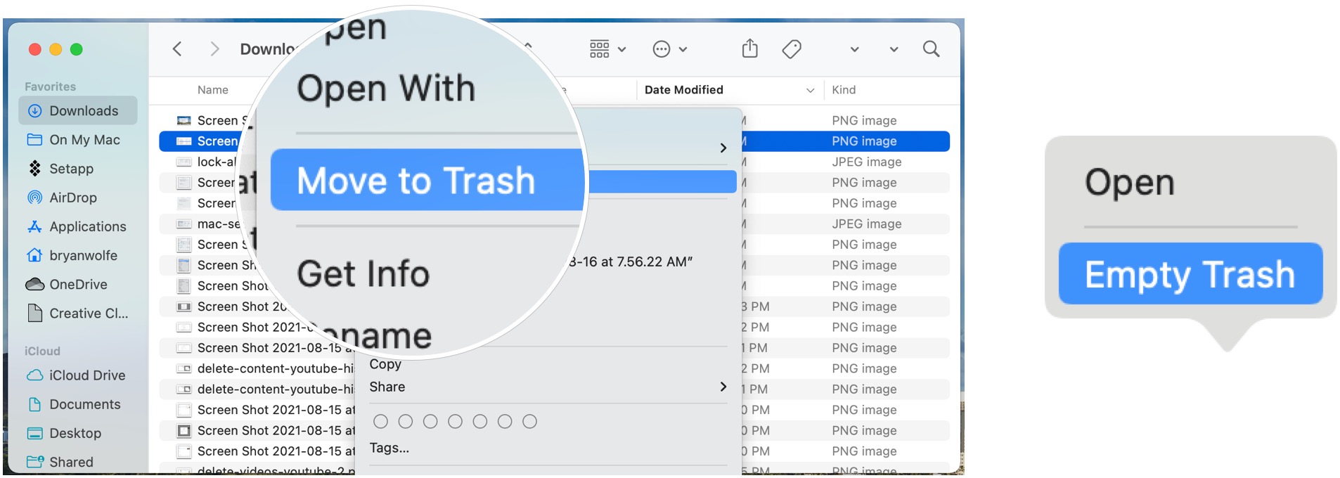 To delete downloaded files, go into the Downloads folder, then delete those files not necessary. Empty the Mac Trash.