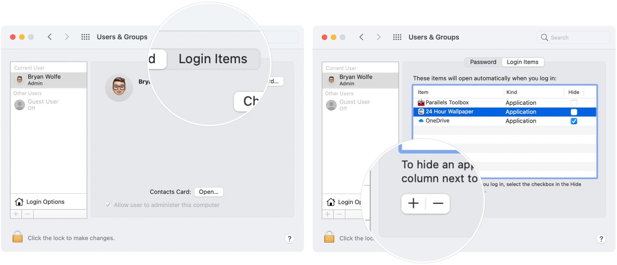 To check and remove login items, choose your profile on the left side, then select the Login Items tab. Highlight the one you wish to delete, then choose the "-" to delete. Repeat to remove other login items.