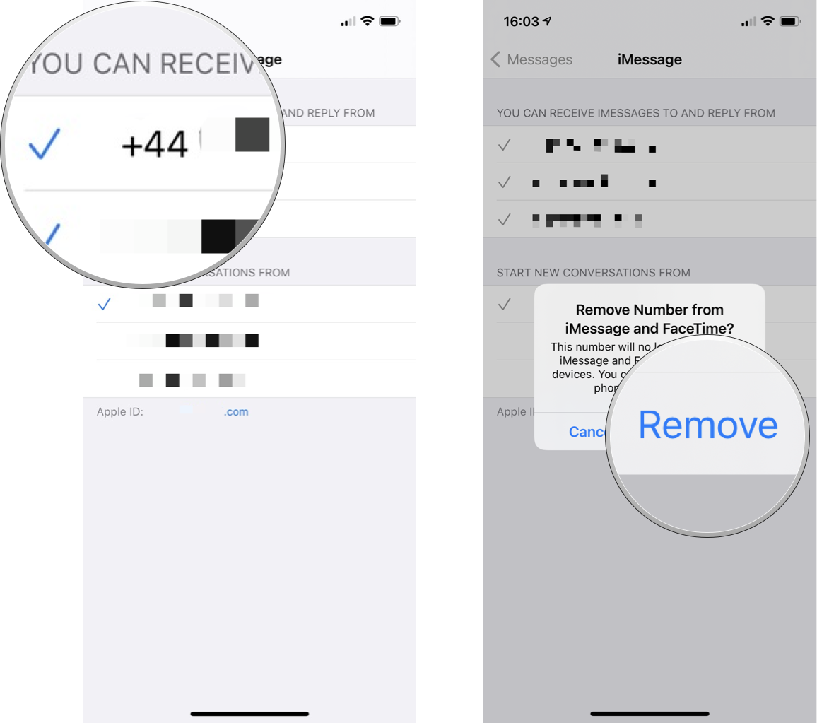 Deregister your phone number from iMessage: Tap the number you wish to remove, tap Remove to confirm