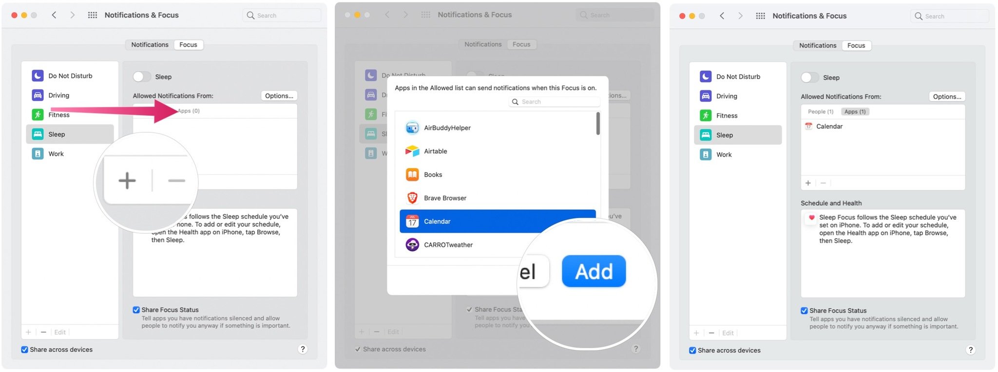 To adjust your app notification settings, choose the Focus group you wish to change, then highlight Apps under the Allowed Notifications From section. Click the + then highlight the installed app you wish to add. Select the Add button. "