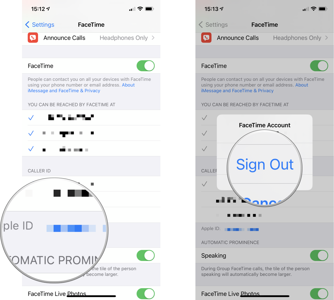Deregister Email or Phone Number from FaceTime: Tap your Apple ID, tap Sign out