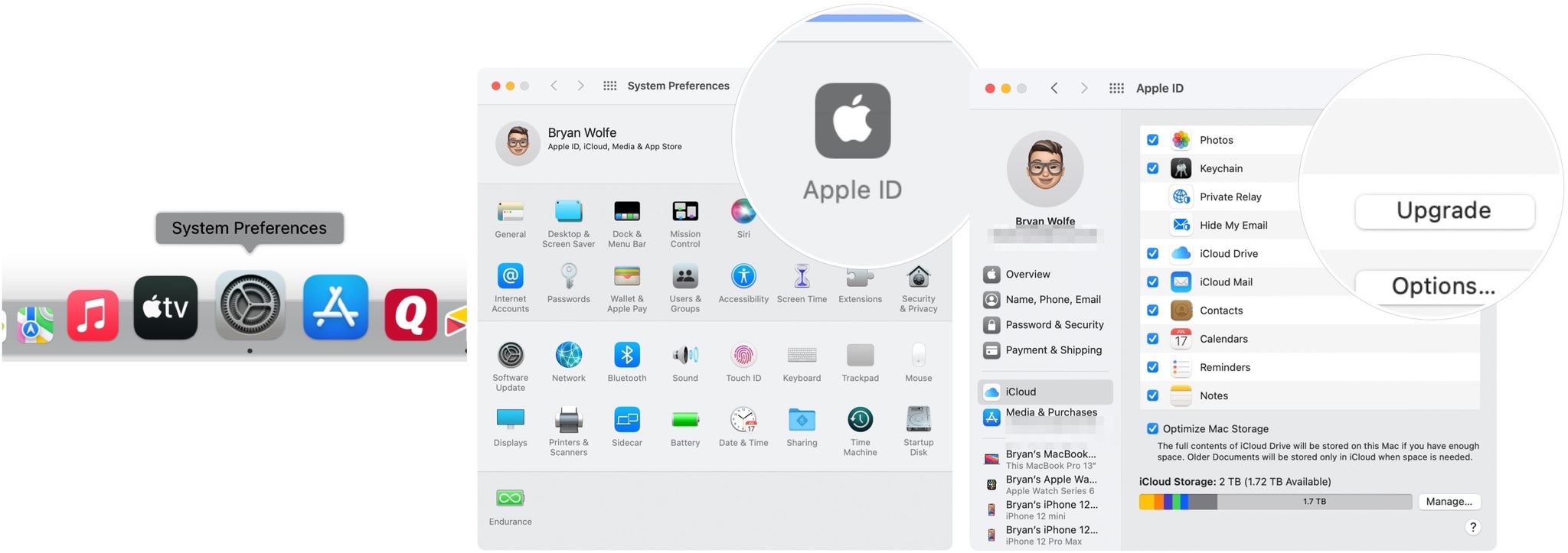 Pour activer iCloud Private Relay, cliquez sur Préférences Système sur votre station d'accueil Mac, puis choisissez Identifiant Apple.  Cliquez sur Mettre à niveau ou Activer à côté d'iCloud Private Relay sur la droite. 