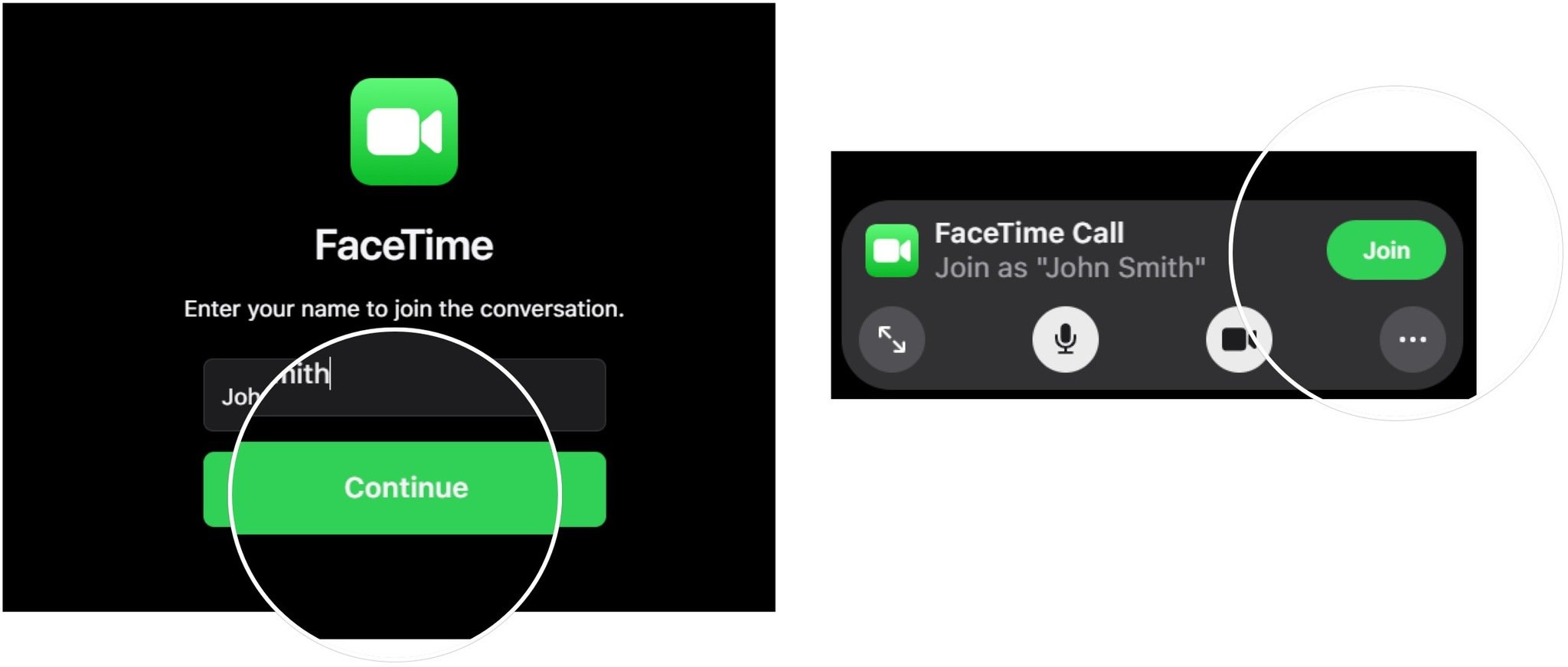 To join FaceTime on the web, click on the weblink sent by the FaceTime host. Add your name, then select Continue. Click Join and wait to be left into the chat. 