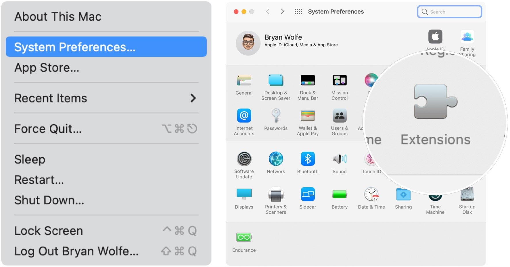 Pour choisir les actions rapides à afficher dans le Finder, choisissez l'icône Apple en haut à gauche de la barre de menus.  Sélectionnez Préférences Système, puis cliquez sur Extensions.