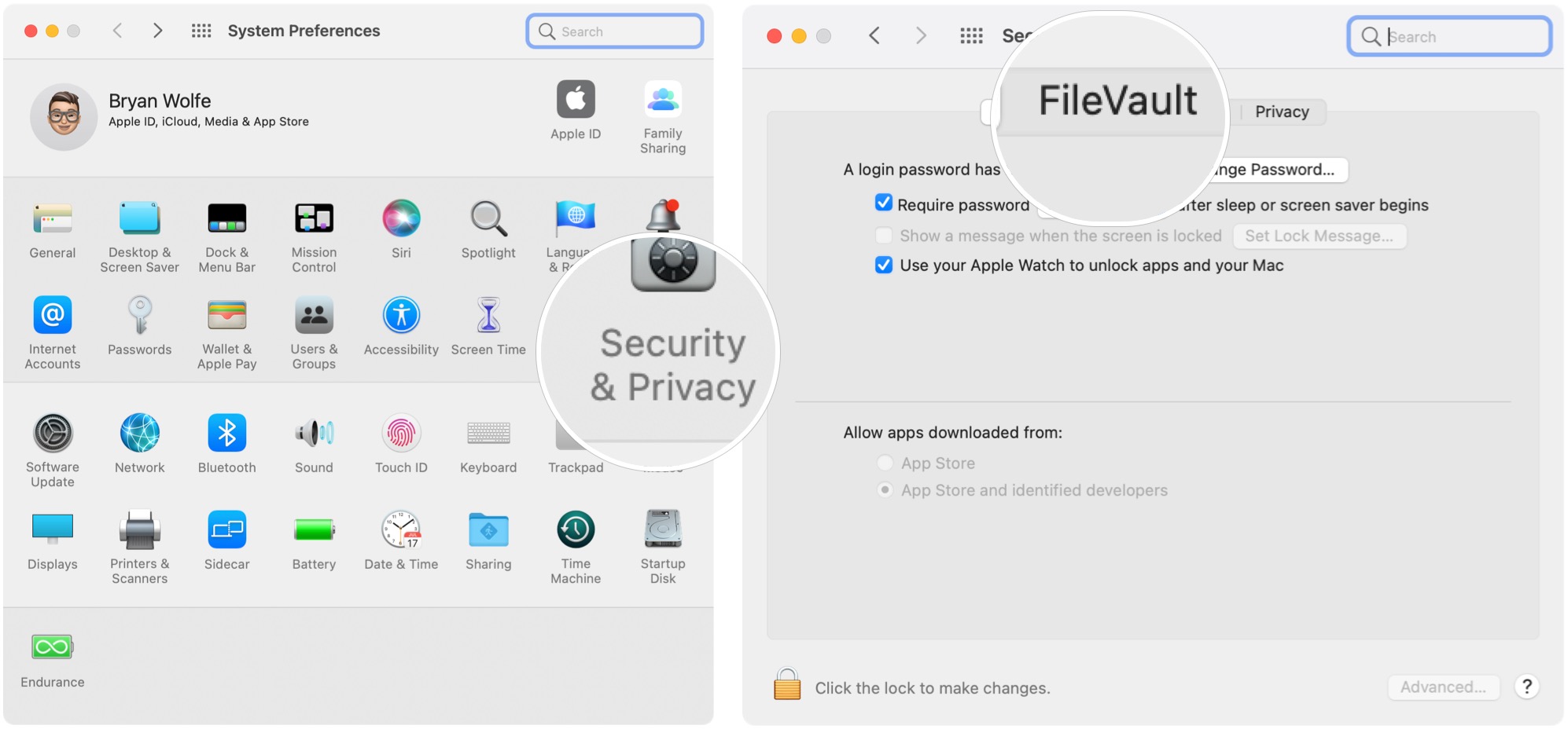 To encypt with FileVault, go into the System Preferences on your Mac, then click Security & Privacy. Choose the FileVault tab.
