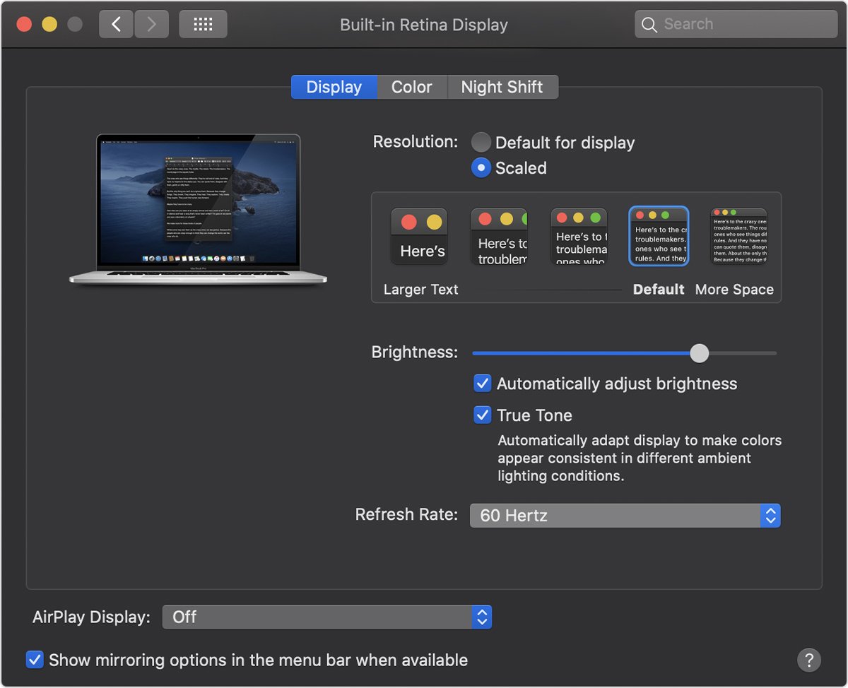 To change the refresh rate on your Mac, press and hold the Option key, then select the Scaled button to bring up the refresh rate menu. Choose a refresh rate in the menu.