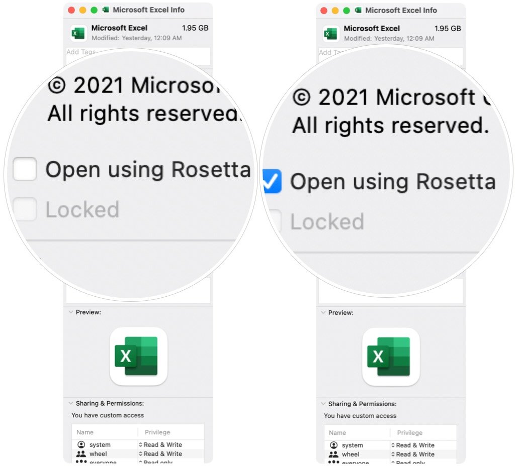 Pour utiliser la version Intel d'une application sur du silicium Apple, cochez la case Ouvrir à l'aide de Rosetta.