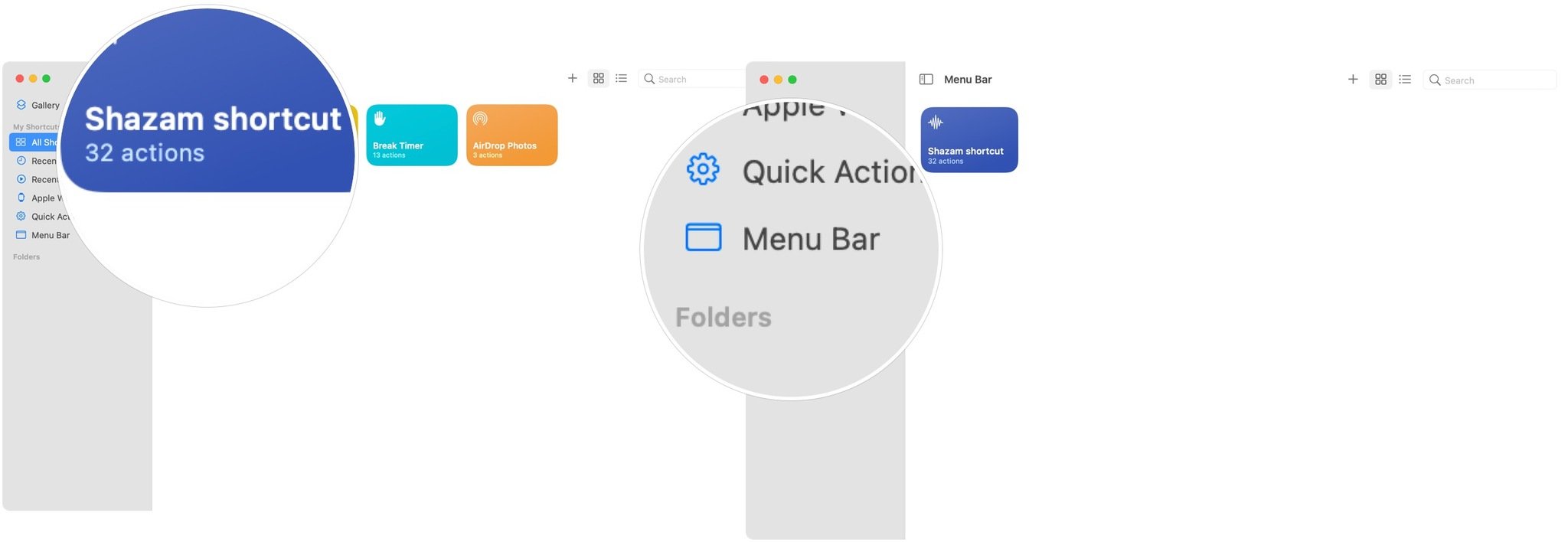 Pour déplacer les raccourcis vers la barre de menus, ouvrez l'application Raccourcis sur Mac, puis installez votre raccourci.  Faites glisser le raccourci de la zone Tous les raccourcis vers la zone Barre de menus sur le côté gauche de l'écran.