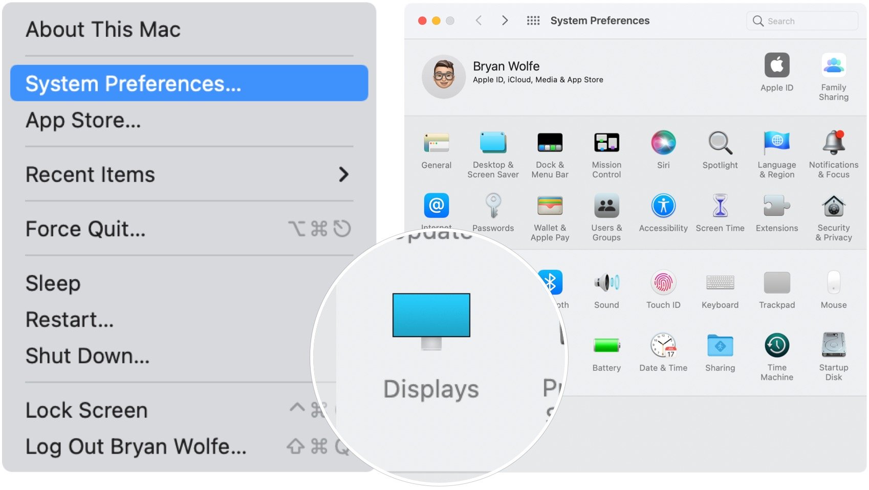 To change the refresh rate on your Mac, click on the Apple icon at the top left on the menu bar. Select System Preferences, then Displays.