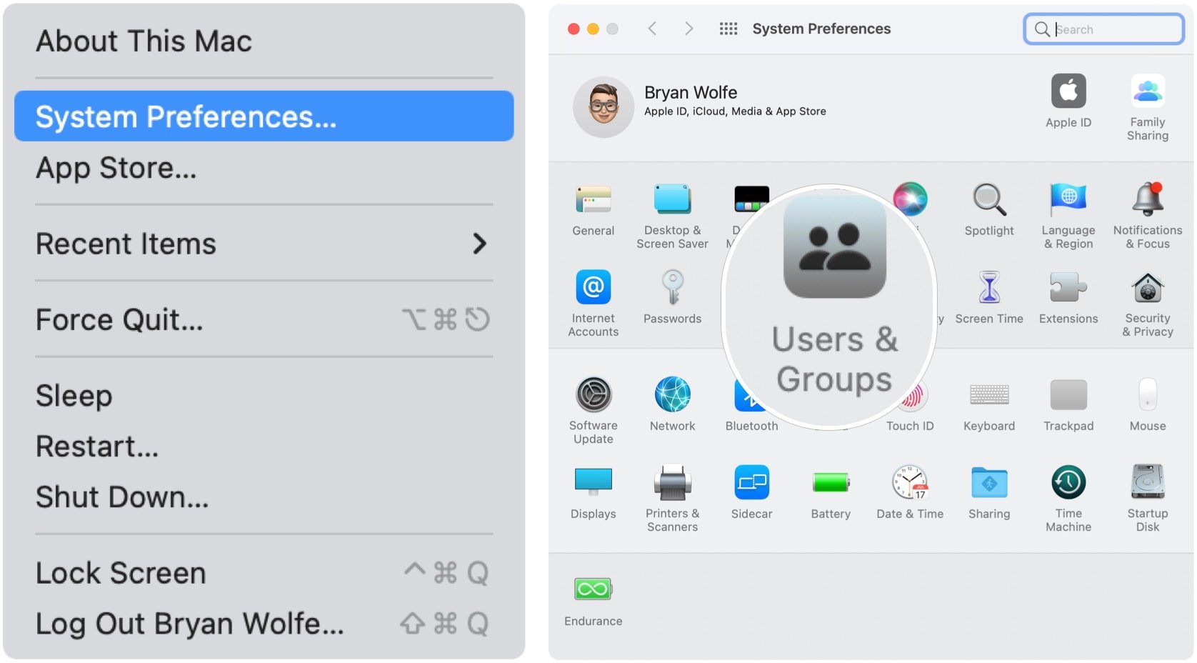 Pour vérifier et supprimer des éléments de connexion, choisissez l'icône Apple en haut à gauche de votre Mac dans la barre de menus, puis sélectionnez Préférences Système.  Cliquez sur Utilisateurs et groupes. 