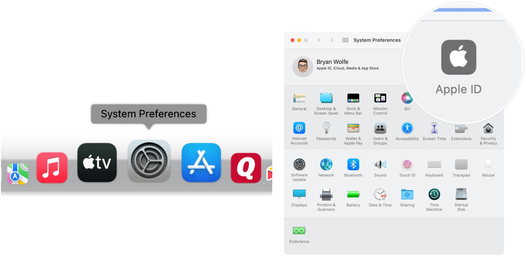 To sign out of your iCloud account, go into System Preferences, then click Apple ID.