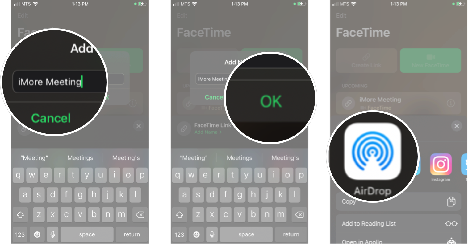 Creating FaceTime Link in iOS 15: Type in a name, tap ok, and choose your sharing method. 