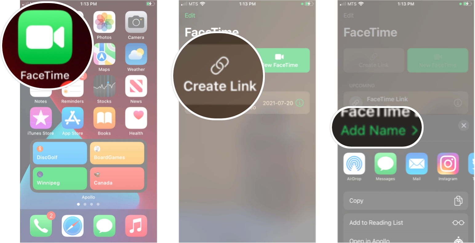 Creating FaceTime Link in iOS 15: Launch FaceTime, Tap Create Link, and then tap Add Name