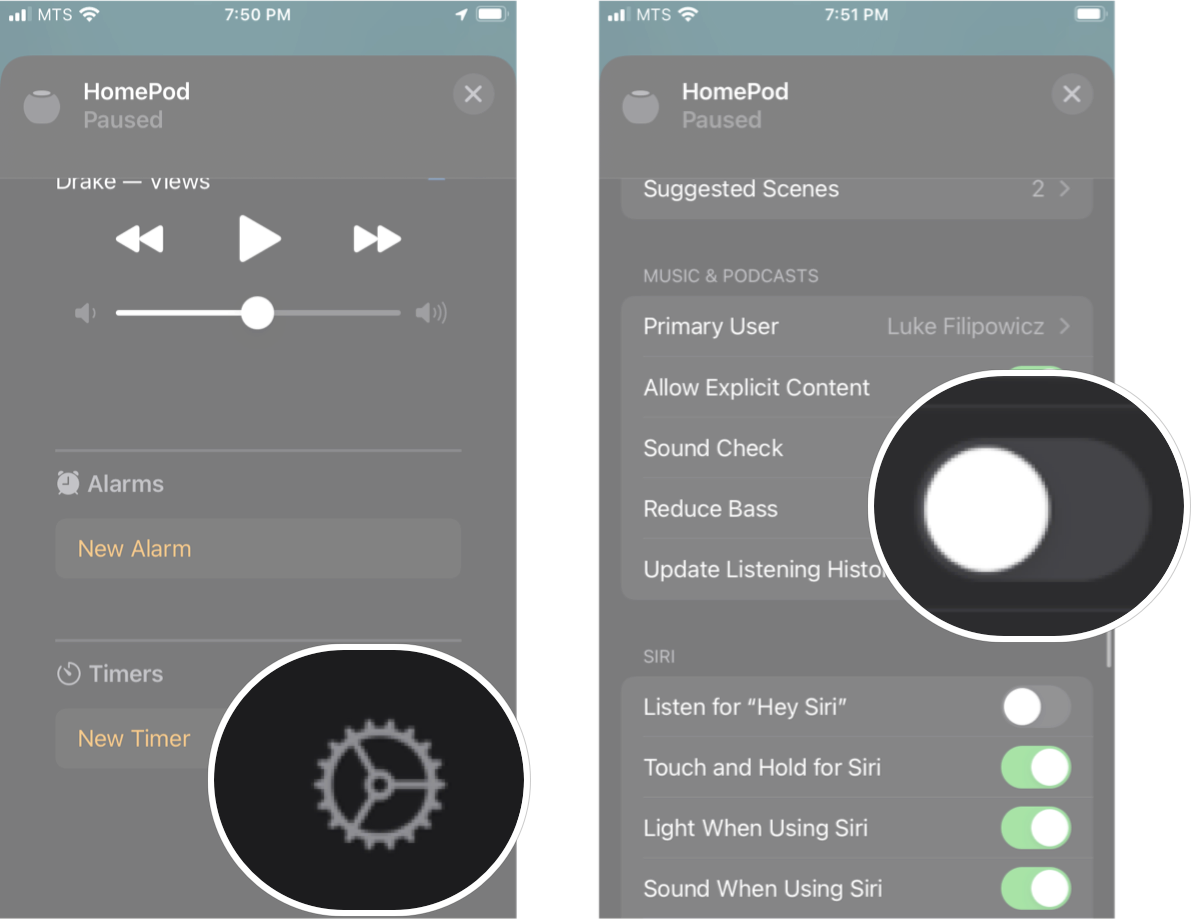 Включение уменьшения низких частот для HomePod В iOS: нажмите кнопку настроек, а затем нажмите переключатель «Уменьшить низкие частоты».