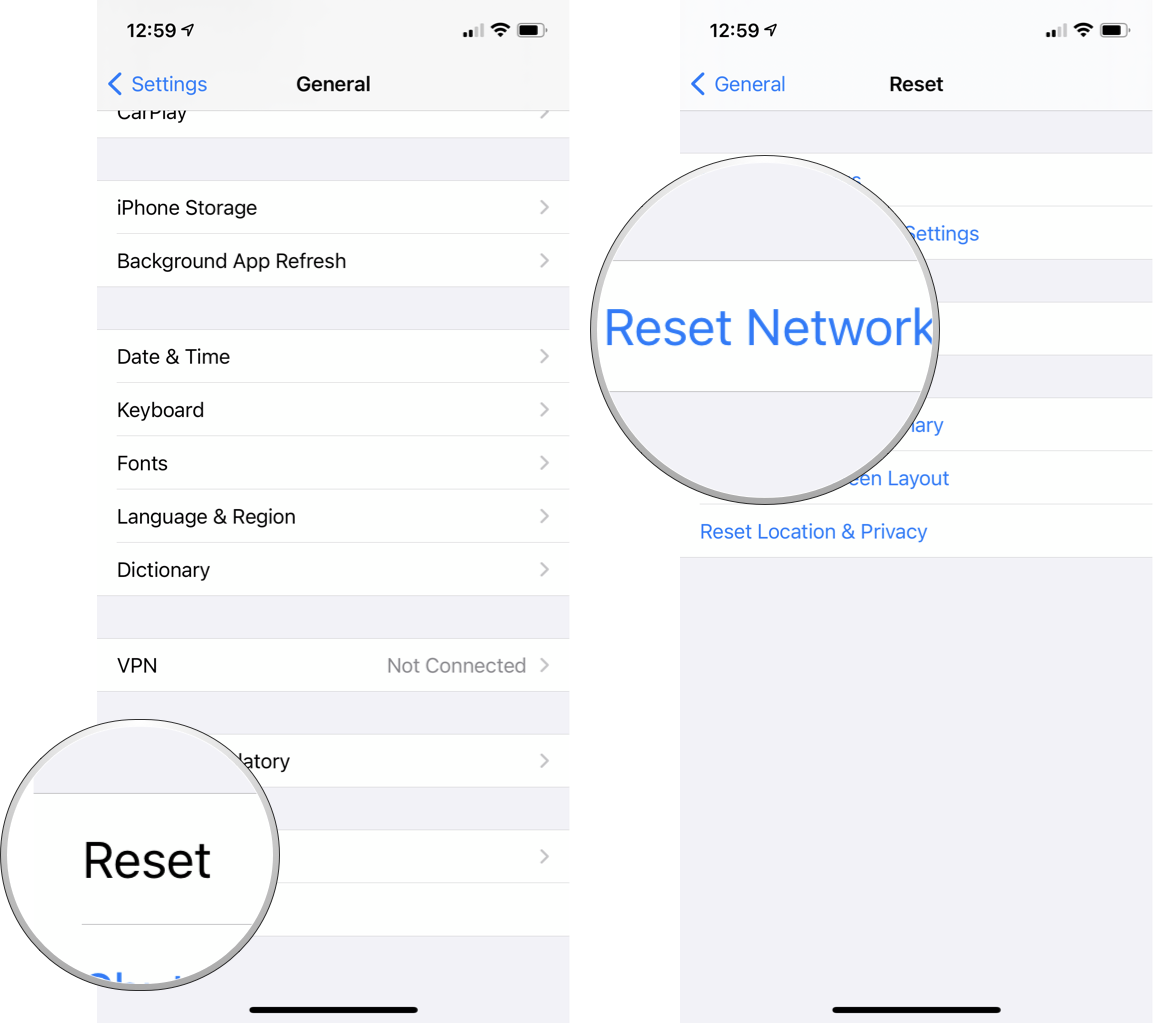 How to reset network settings: Scroll down and tap Reset, tap Reset Network Settings, enter your passcode if prompted to confirm