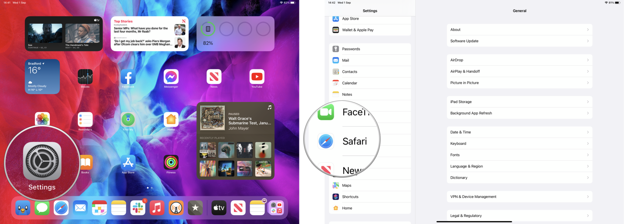 How to switch to a Compact Tab Bar: Open Settings, Tap Safari in the sidebar