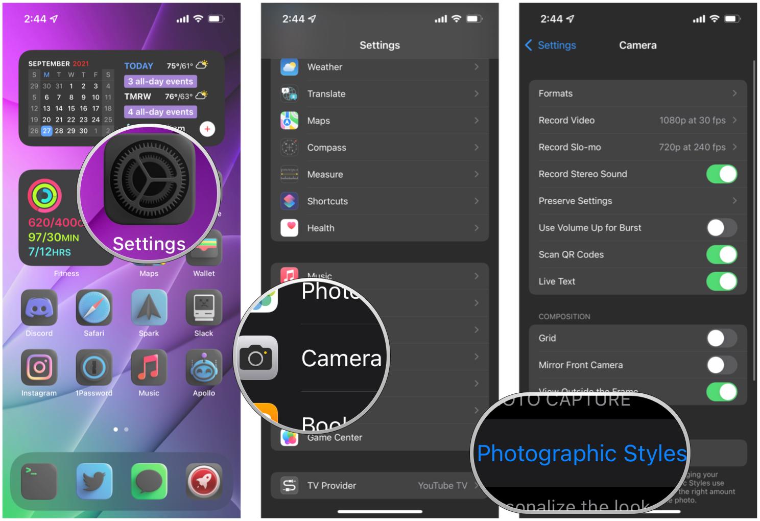 Use the Settings app to change photo styles on iPhone 13 showing: Start Settings, tap Camera, tap Photo styles