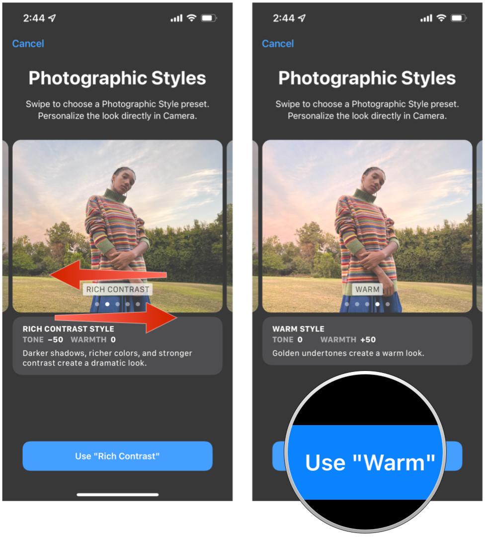 Use the Settings app to change photo styles on iPhone 13 showing: swipe left and right to go through preset styles, tap Use what you want to turn on