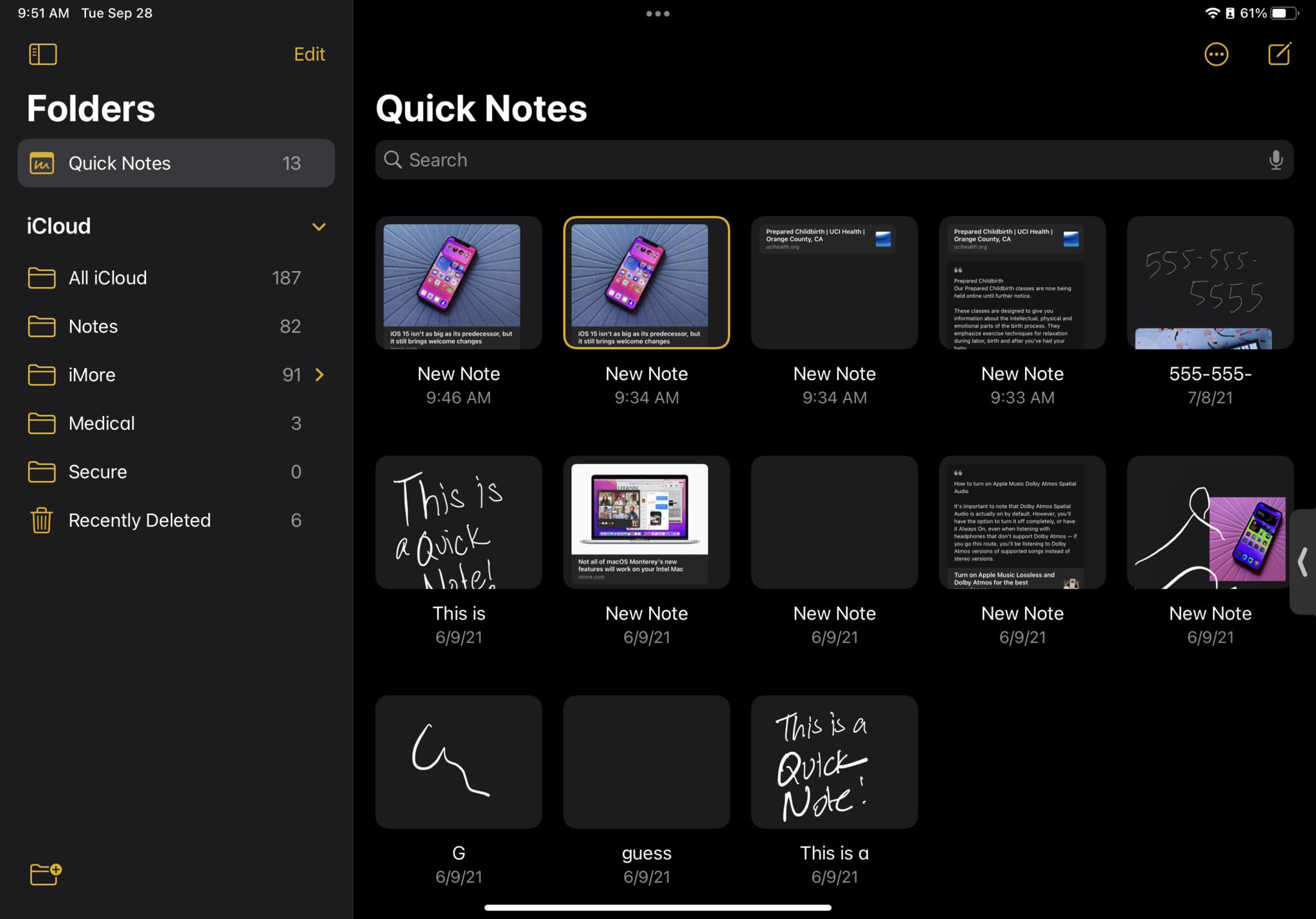 Affichez les notes rapides enregistrées dans iPadOS 15 en affichant : lancez Notes, puis appuyez sur le dossier Notes rapides
