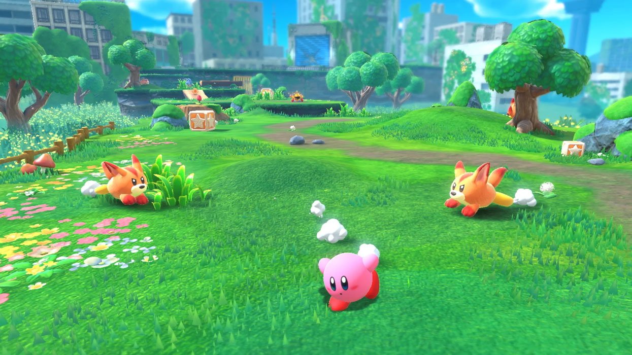 Kirby y la tierra olvidada huyendo de los perros