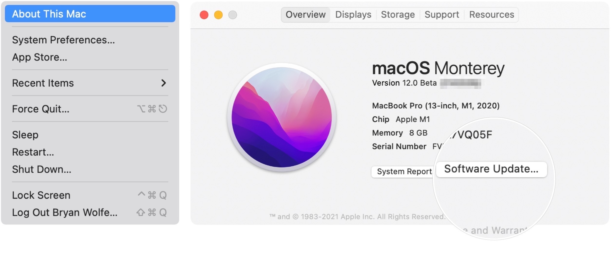 Чтобы обновить свой Mac, щелкните значок Apple в левом верхнем углу компьютера, затем выберите «Об этом Mac» в раскрывающемся меню.  Щелкните «Обновление программного обеспечения» и следуйте инструкциям на экране. 
