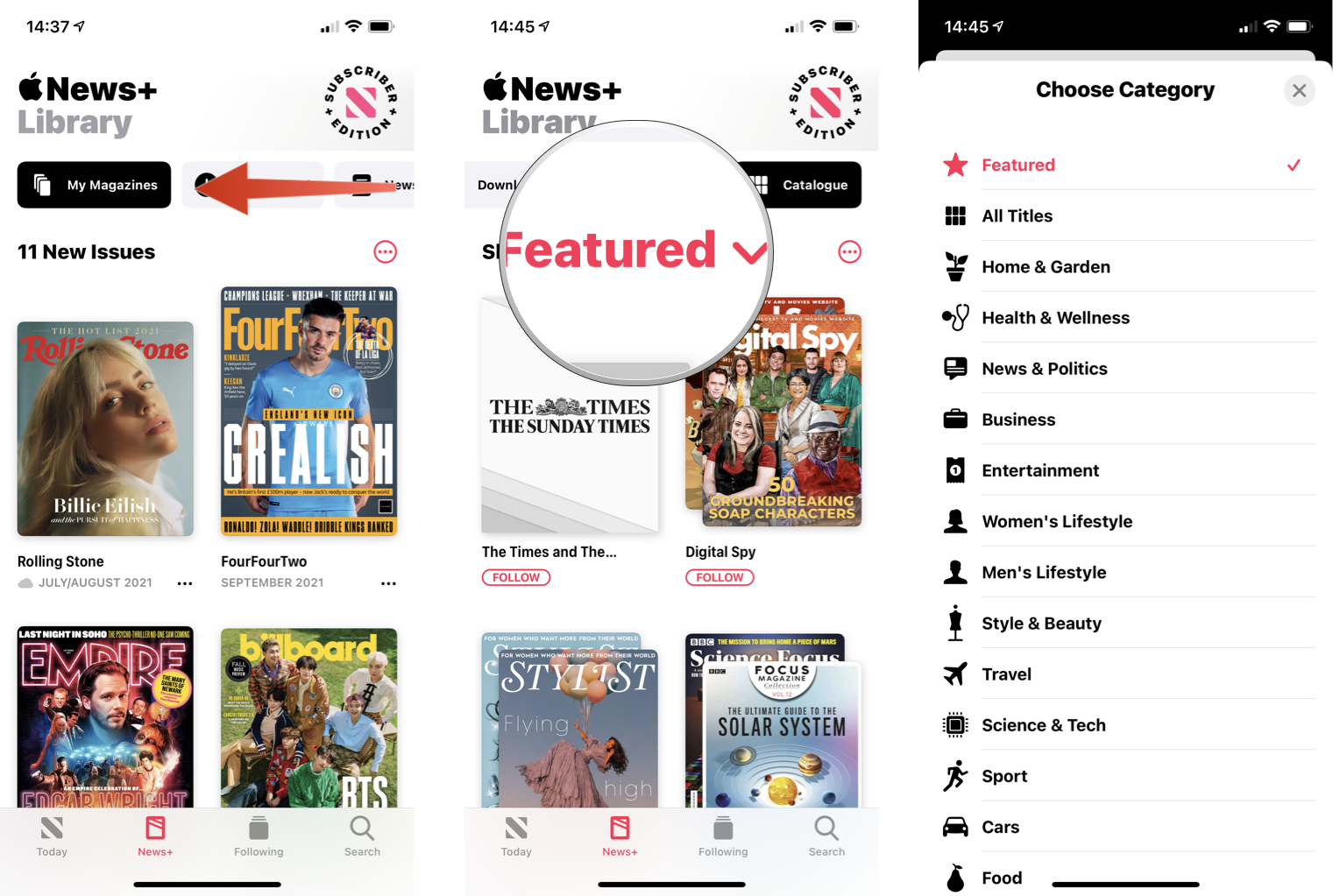 How to browse magazines by category: Swipe across category buttons, tap Catalog, tap on the drop-down menu to find your desired category