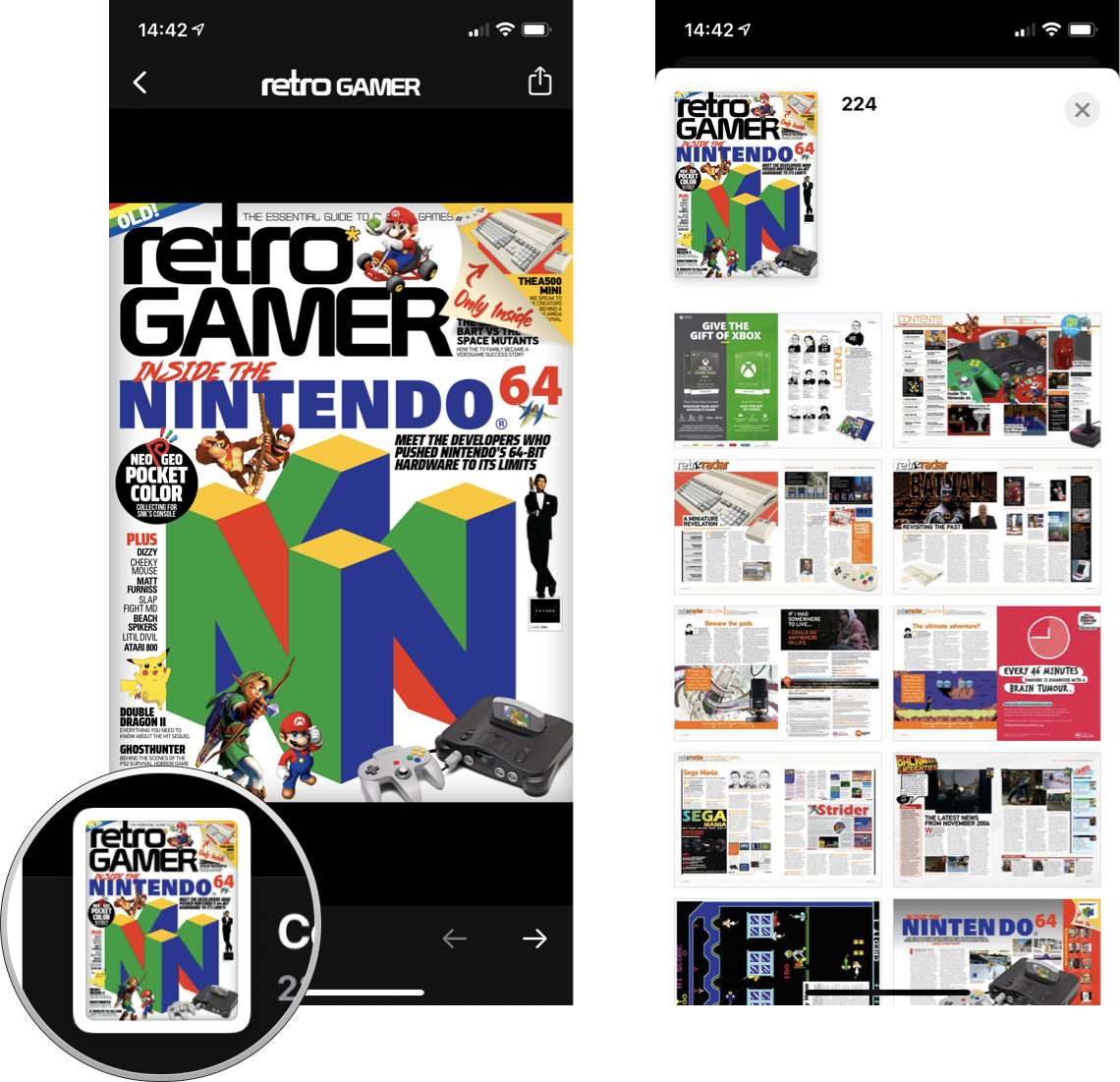 How to read an article in PDF magazine: Open a magazine, tap its cover thumbnail, select the page you wish to view