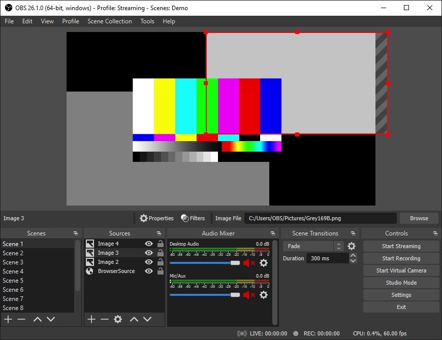 The interface of OBS Studio, an open-source streaming video production app.