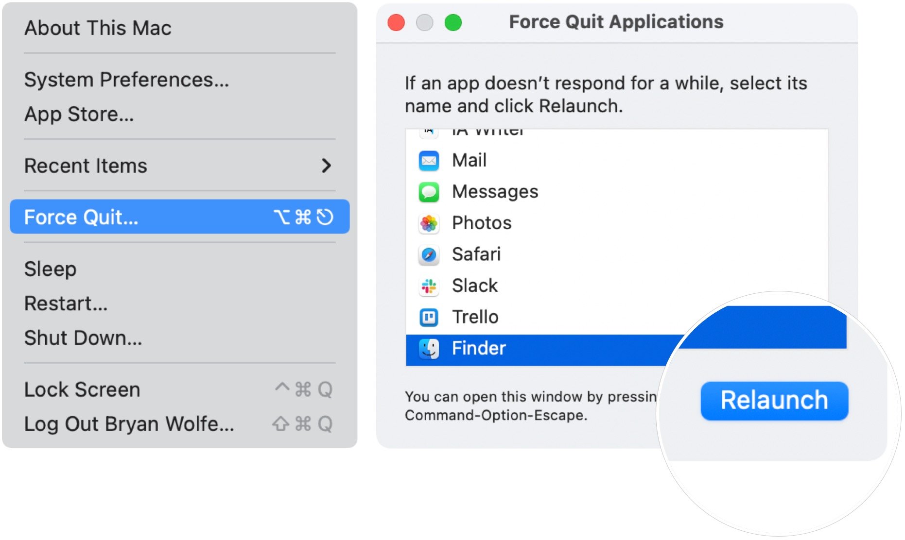 To unfreeze Finder, choose the Apple menu in the top left corner of your screen. Choose Force Quit, then select Finder. Click Relaunch.