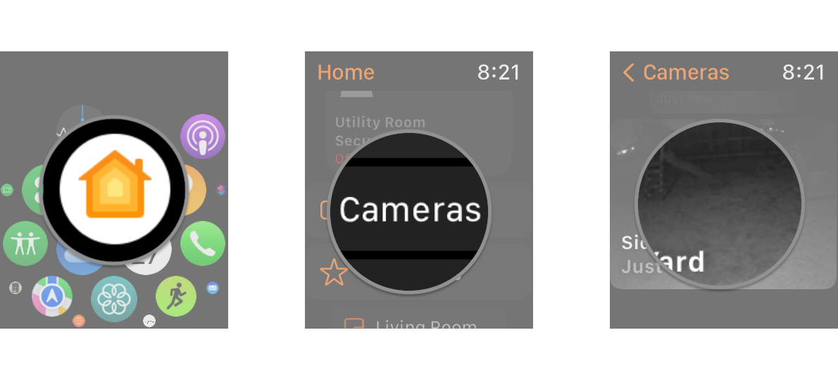 How to control your HomeKit camera in the Home app on the Apple Watch by showing steps: Launch the Home app, Tap Cameras, Tap on your Camera