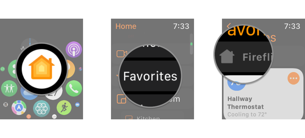How to activate a HomeKit scene in the Home app on the Apple Watch by showing steps: Launch the Home app, Tap Favorites, Tap on your Scene