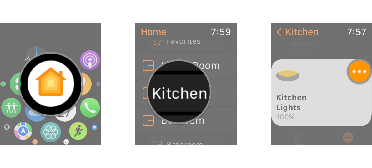 How to control HomeKit lighting in the Home app on the Apple Watch by showing steps: Launch the Home app, Tap the name of the Room that your light is in, Tap the Ellipsis button