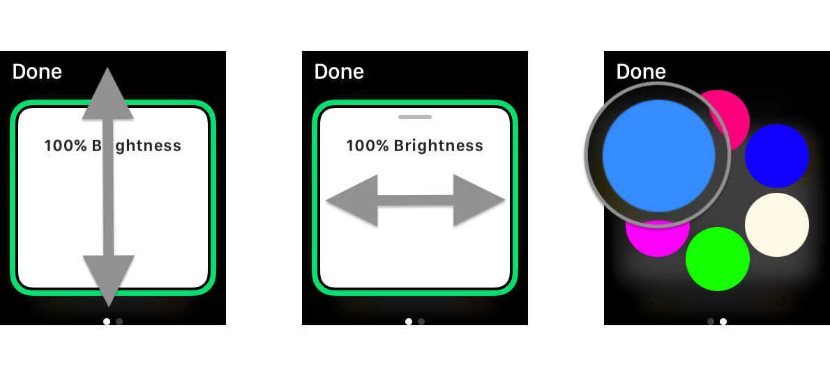 How to control HomeKit lighting in the Home app on the Apple Watch by showing steps: Scroll up or down to adjust brightness, Scroll left or right to access color controls, Tap desired color