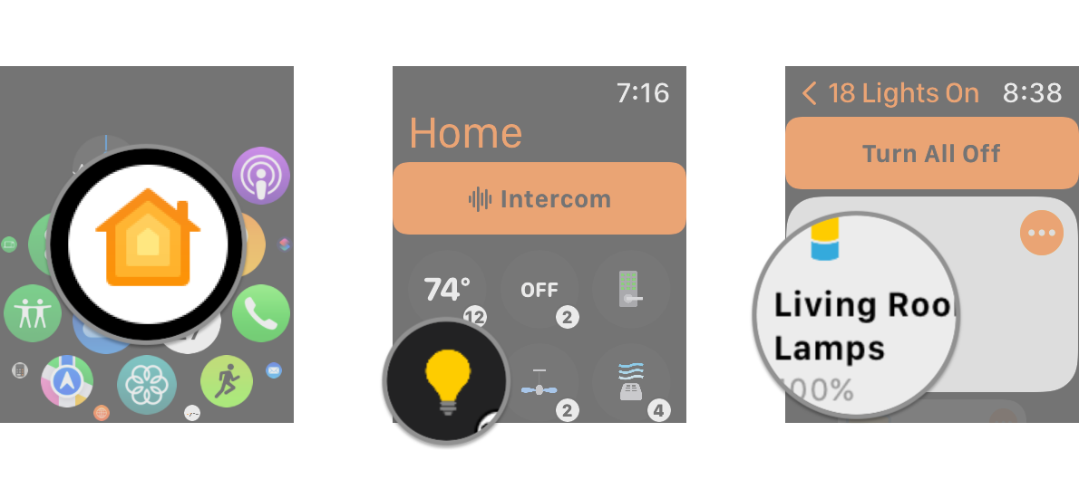 How to review your HomeKit home status in the Home app on the Apple Watch by showing steps: Launch the Home app, Review your home Status at the top of the Home app, Tap on your Accessory Type to review additional details and access further controls