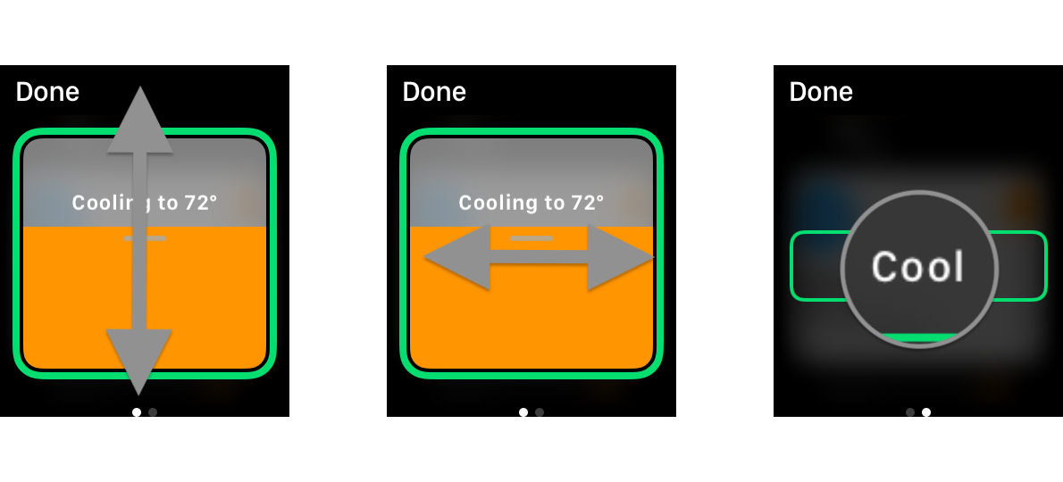 How to control your HomeKit thermostats in the Home app on the Apple Watch by showing steps: Scroll up or down to adjust temperature set point, Swipe left or right to access thermostat mode, tap on the desired mode