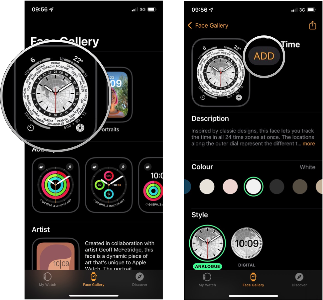 Add an Apple Watch dial via iPhone: Tap the clock dial, then tap Add