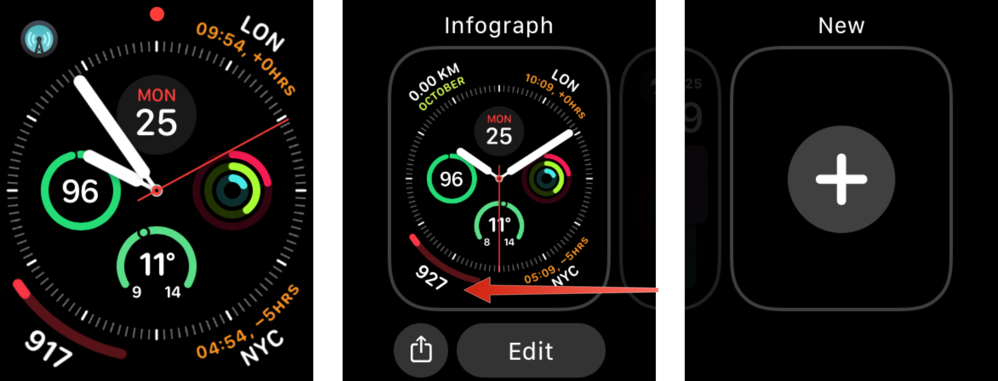 Add Watch Face via Apple Watch: Long press on watch face, swipe from right to left, tap on New.