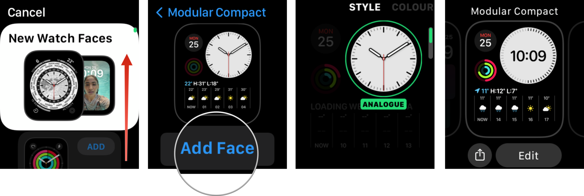 Add a clock dial via Apple Watch: Swipe up or down or scroll with Digital Crown, tap the clock dial you want to use and tap Add face, adjust complications and colors, press Digital Crown to confirm changes and add clock face