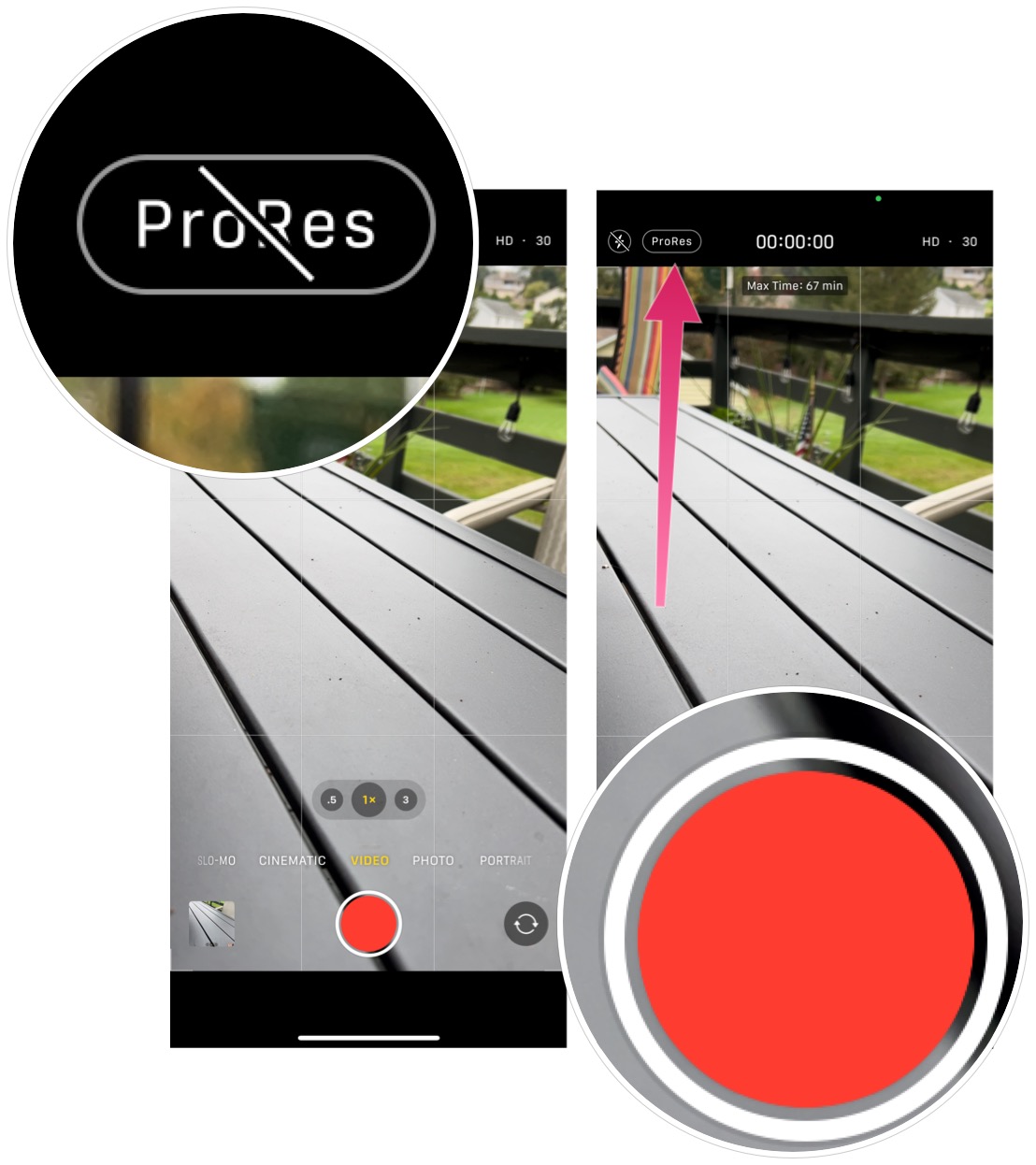 To use ProRes, tap the ProRes button, begin recording, stop when finished.