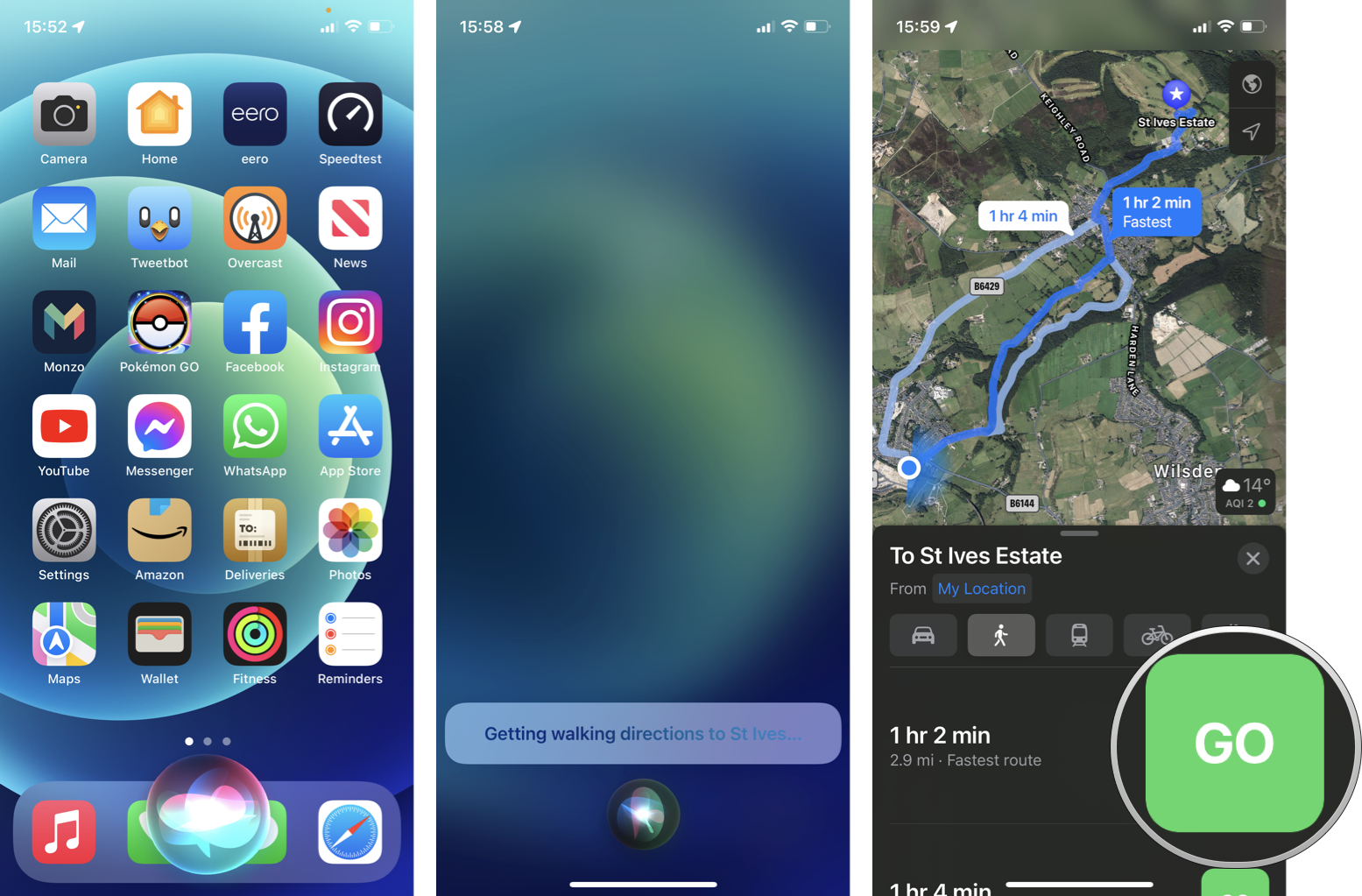 How To Get Walking Directions With Siri: Invoke Siri, ask for walking directions to the desired location, tap Go to begin navigation