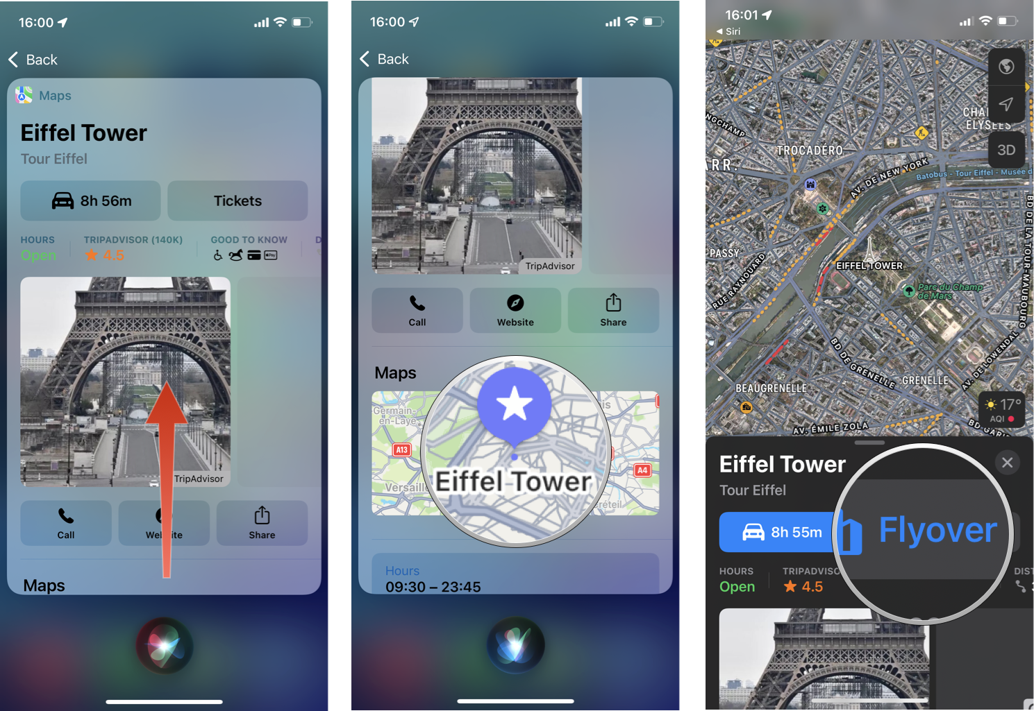How To Use Flyover In Maps With Siri: Swipe up on the search result to reveal the map, tap the map, tap Flyover