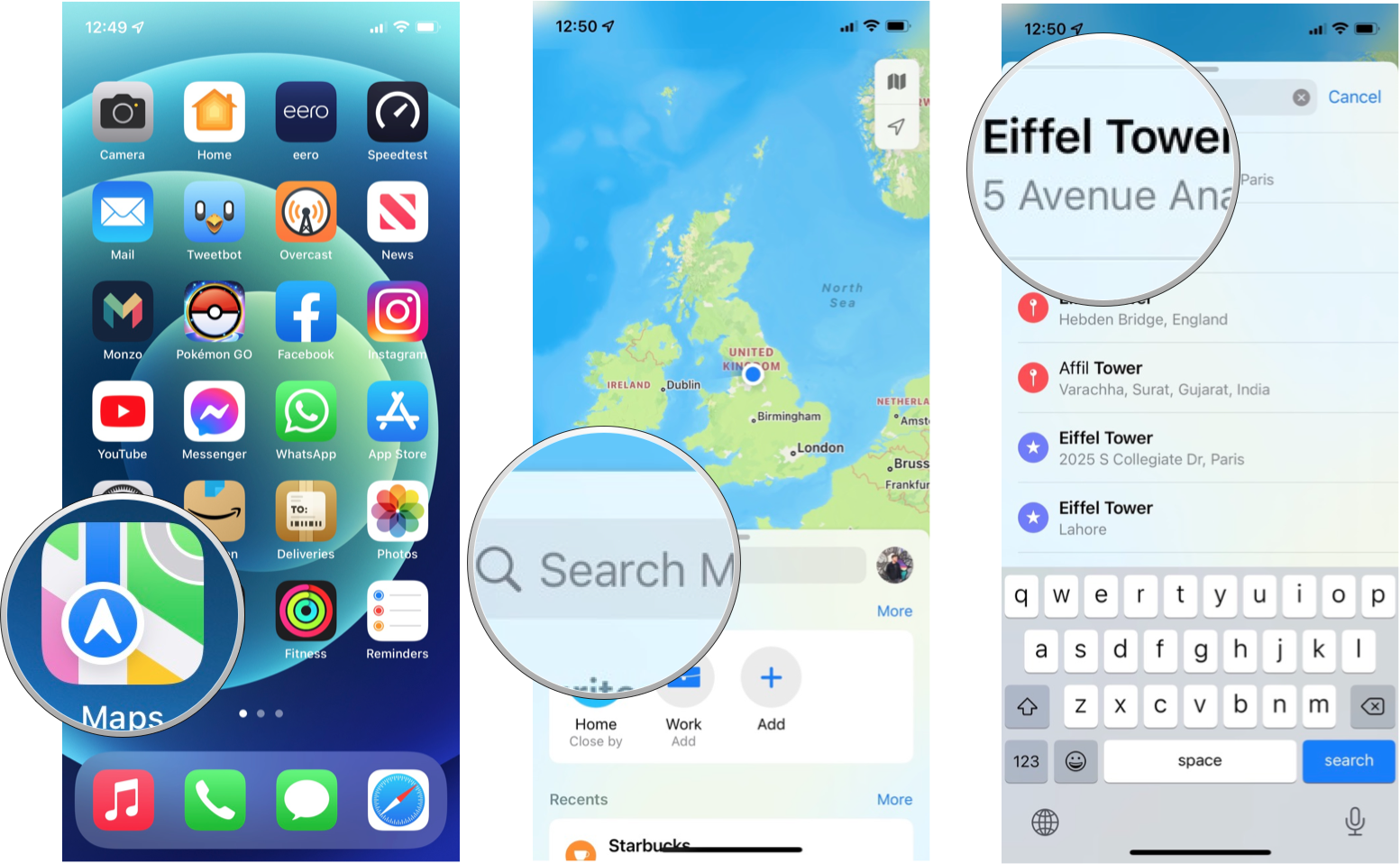 How to use Flyover: Open Maps, tap the search field and type the location you want to see, tap the correct result in the search results list.