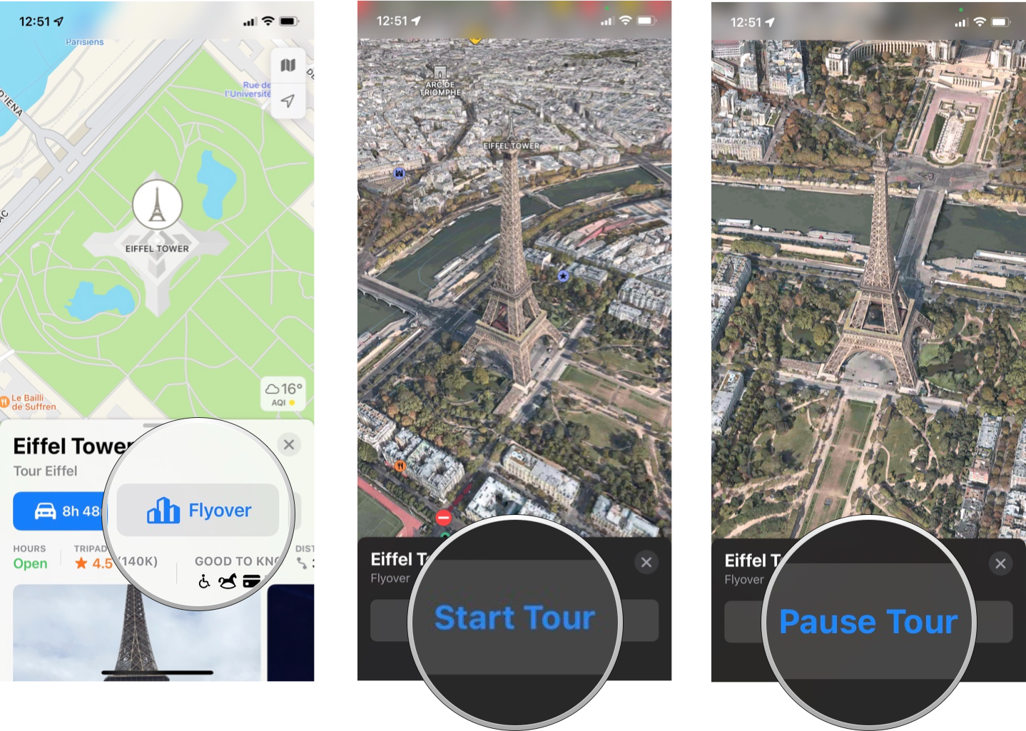 How To Use Flyover: Tap the Flyover button, pan and zoom around the map or tap Start Tour to begin an aerial 3D tour, tap Pause Tour to go back to manual exploration