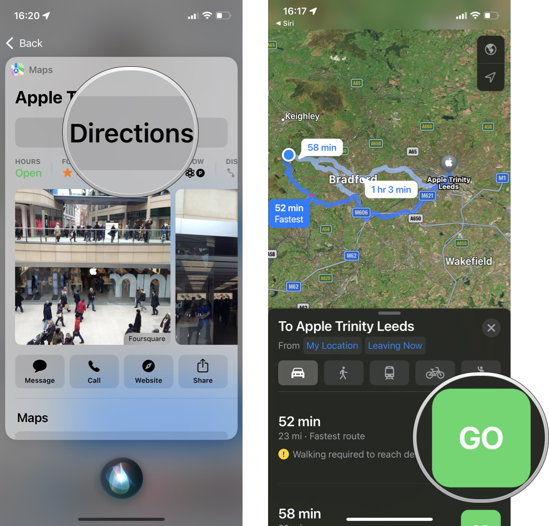How To Use Maps With Siri to Find POI using Side Button: Tap Directions button in expanded result, tap Go to get turn-by-turn directions in Maps