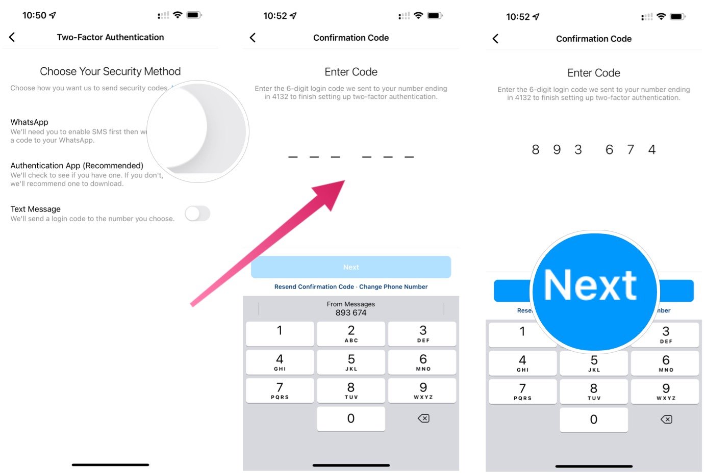To authenticate through a text message, toggle on Text Message, then enter the six-digit code you've received through your mobile phone. Tap Next, then follow additional directions.